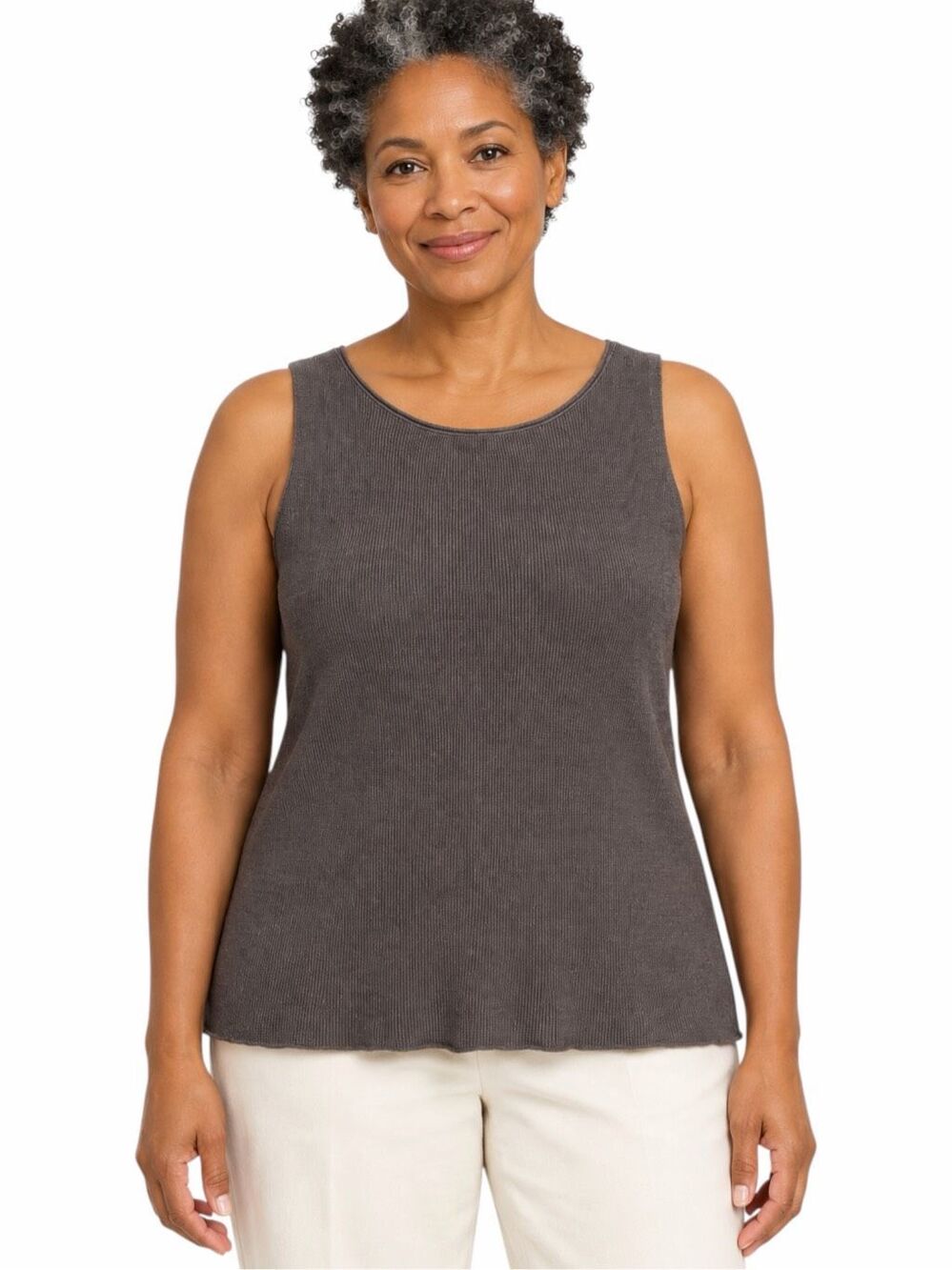 EILEEN FISHER Ribbed Linen Tank Top Dark Gray Brown Size Petite Small
